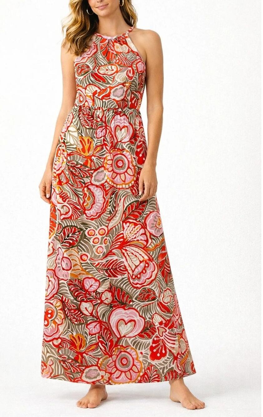 LOFT Tropical Floral Sleeveless Halter Neck Maxi Dress Verona Orange Large